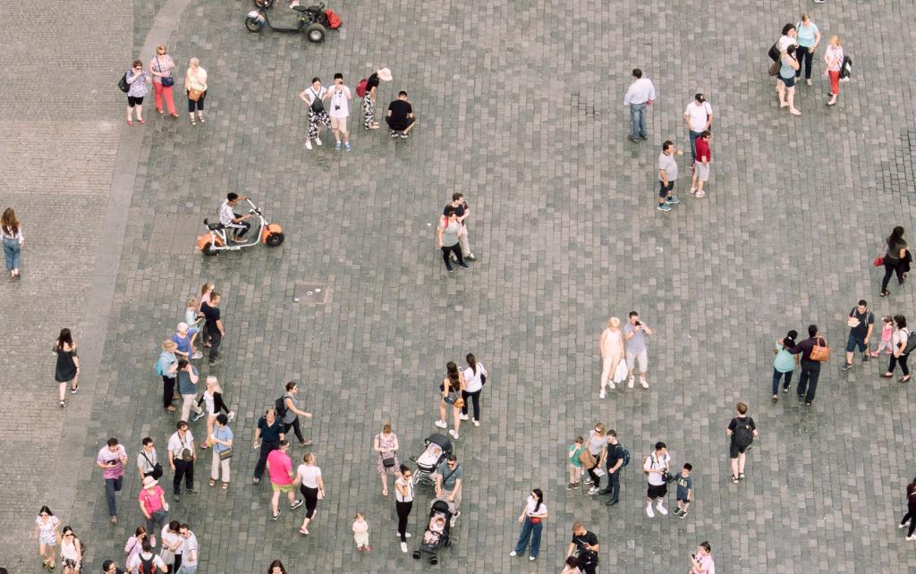 Aerial view of city square with people walking